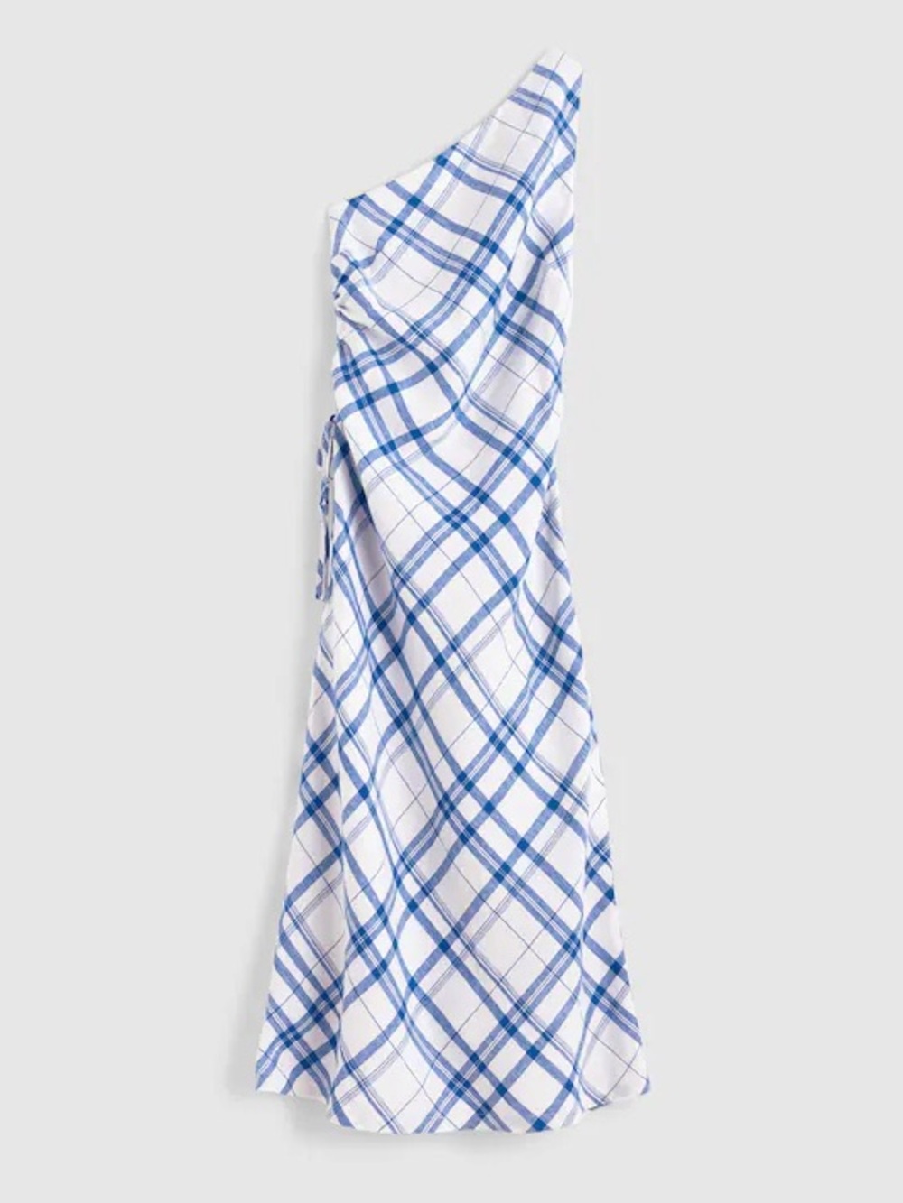 Madewell Ruched One-Shoulder Midi Dress Size 12 Blue White Plaid Linen - Picture 6 of 12